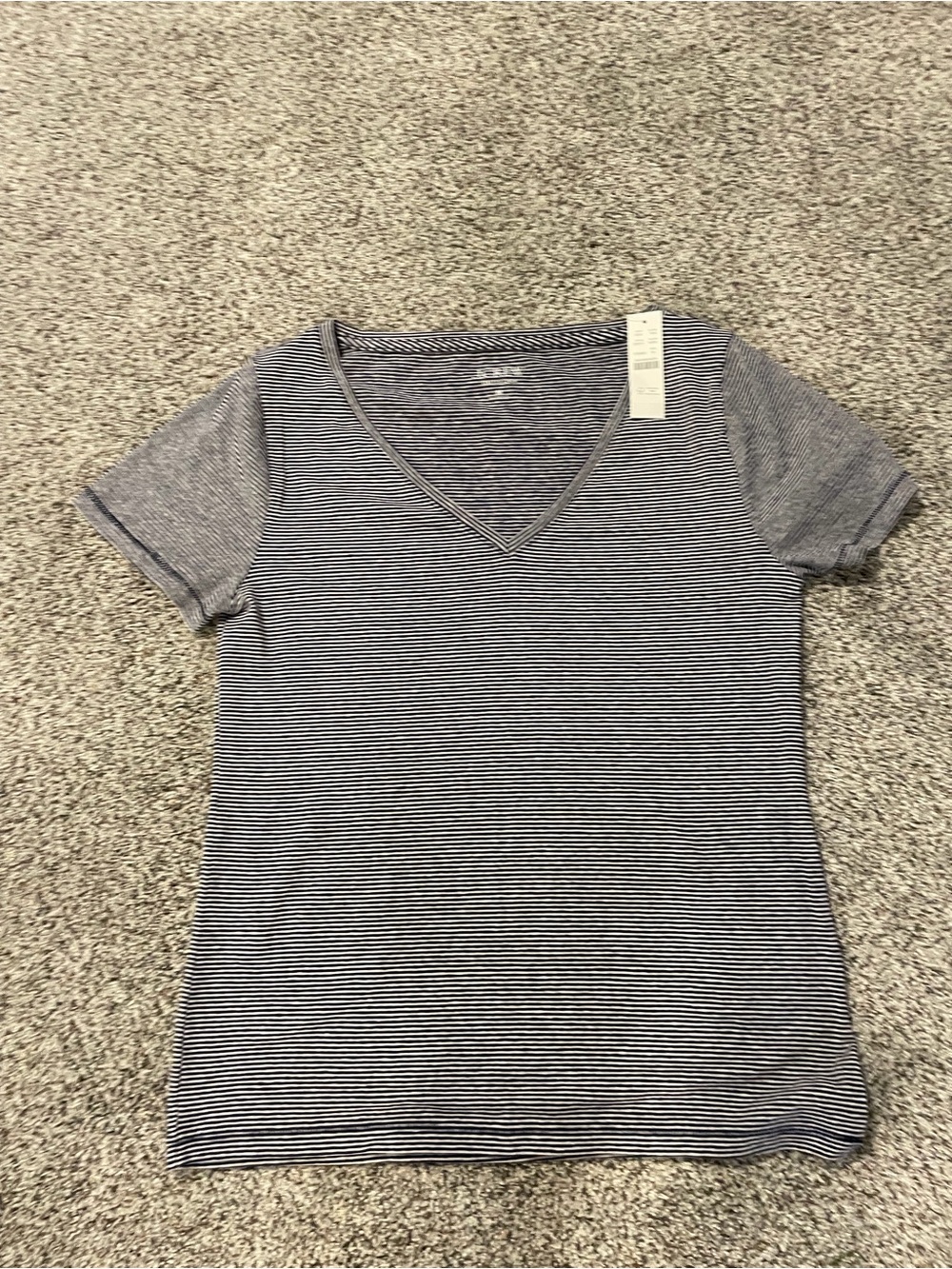 J. Crew Navy and White Thin-Striped V-Neck Tee